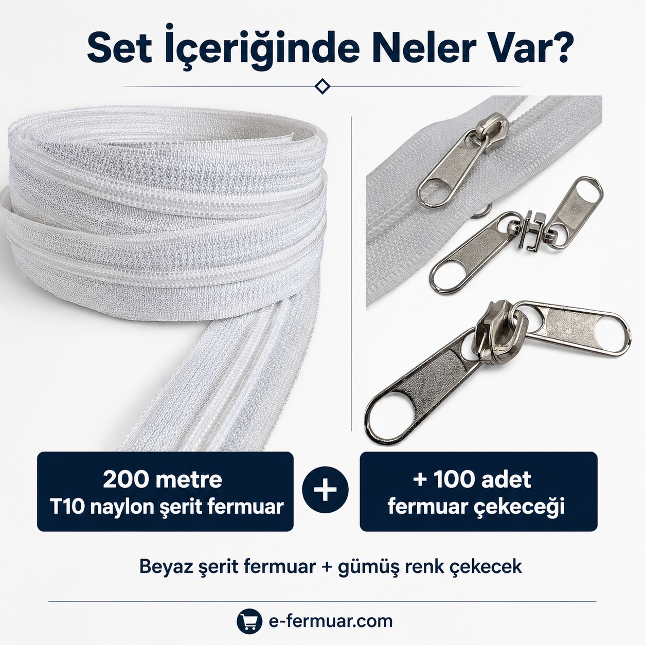 Atölyeler ve Çanta, Kılıf İçin T10 Naylon Şerit Fermuar Seti – 200 Metre + 100 Krüsör- ST-0009T10-200M100C