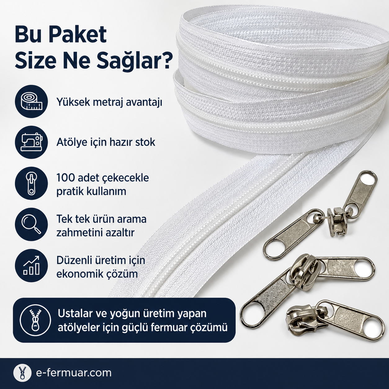 Atölyeler ve Çanta, Kılıf İçin T10 Naylon Şerit Fermuar Seti – 200 Metre + 100 Krüsör- ST-0009T10-200M100C