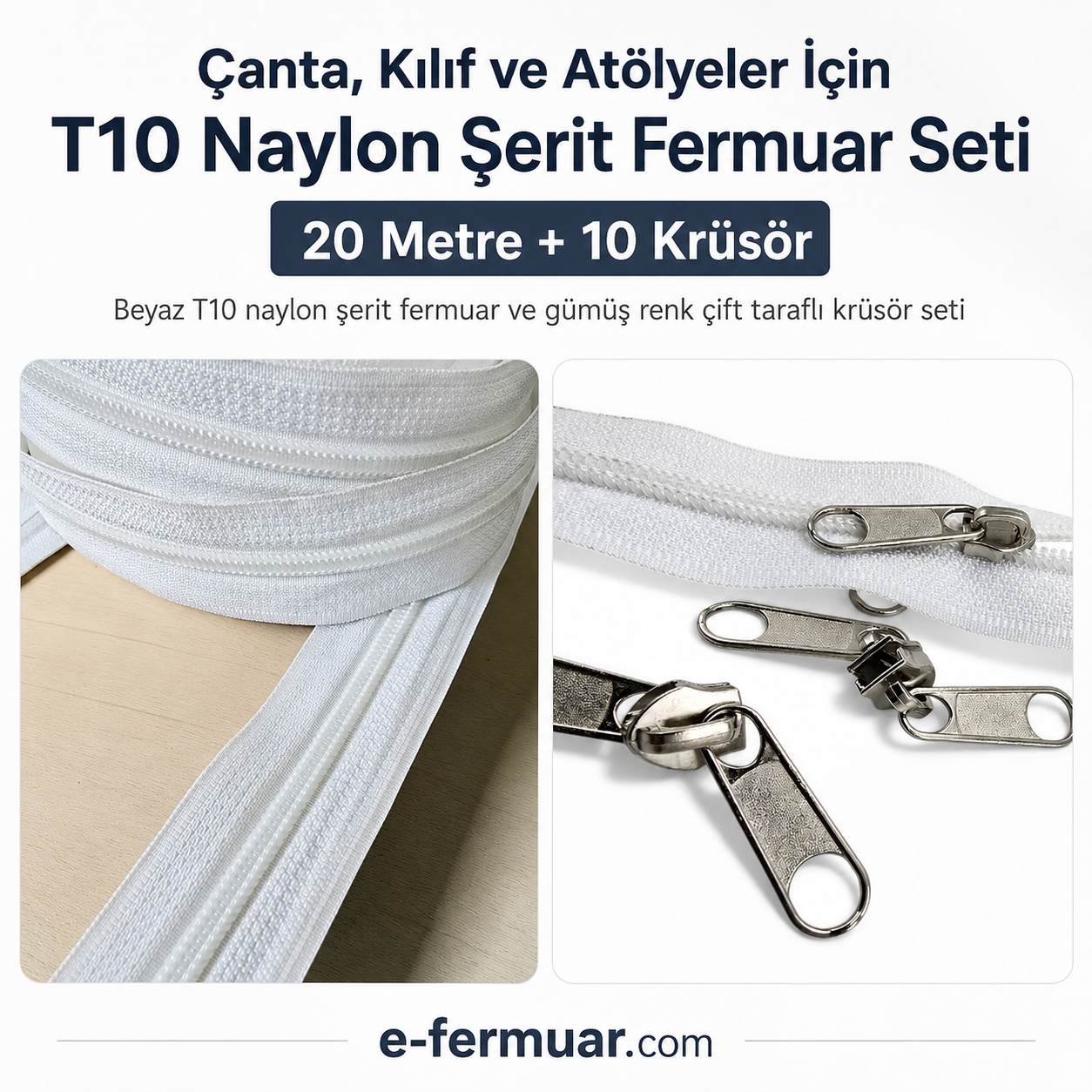 Çeşitli projeler için ideal T10 Naylon Şerit Fermuar Seti, 20 metre uzunluk ve 10 çekecek içerir.