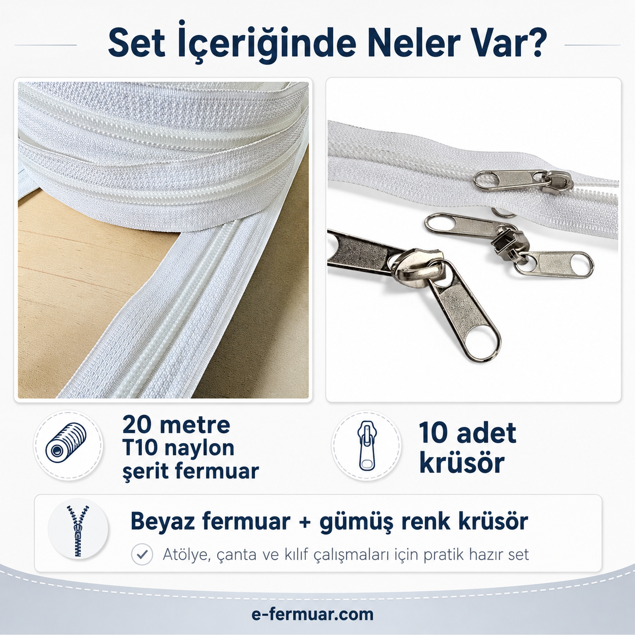 Çeşitli projeler için ideal T10 Naylon Şerit Fermuar Seti, 20 metre uzunluk ve 10 çekecek içerir.
