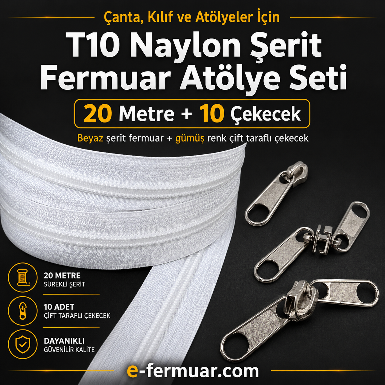 Çeşitli projeler için ideal T10 Naylon Şerit Fermuar Seti, 20 metre uzunluk ve 10 çekecek içerir.