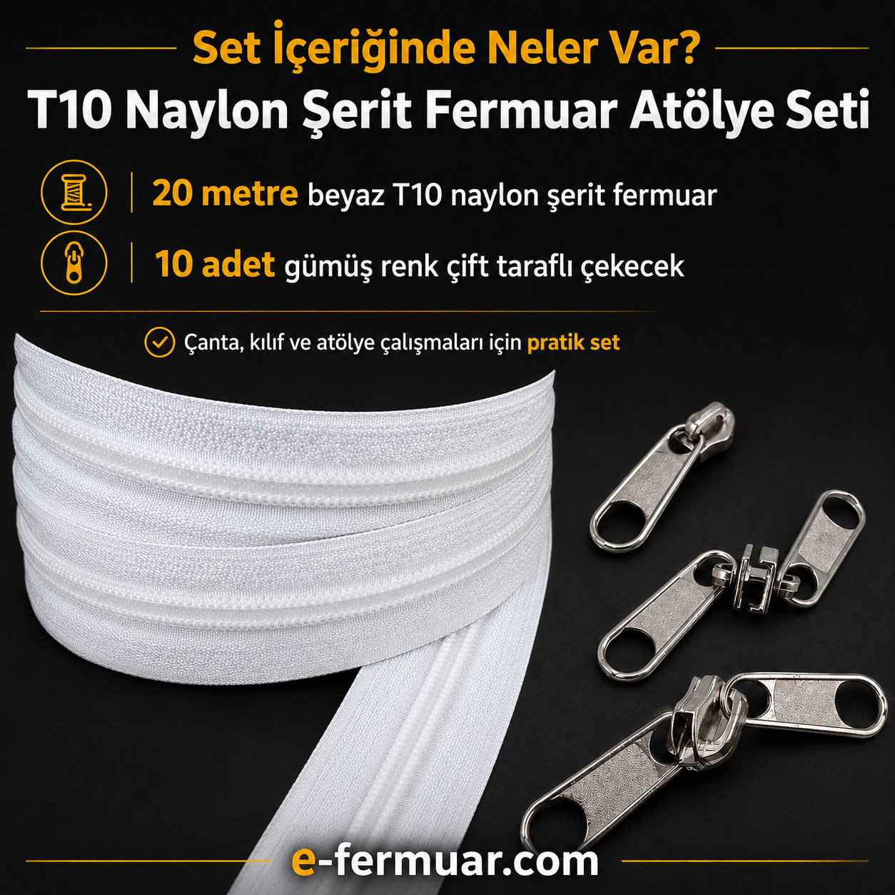 Çeşitli projeler için ideal T10 Naylon Şerit Fermuar Seti, 20 metre uzunluk ve 10 çekecek içerir.