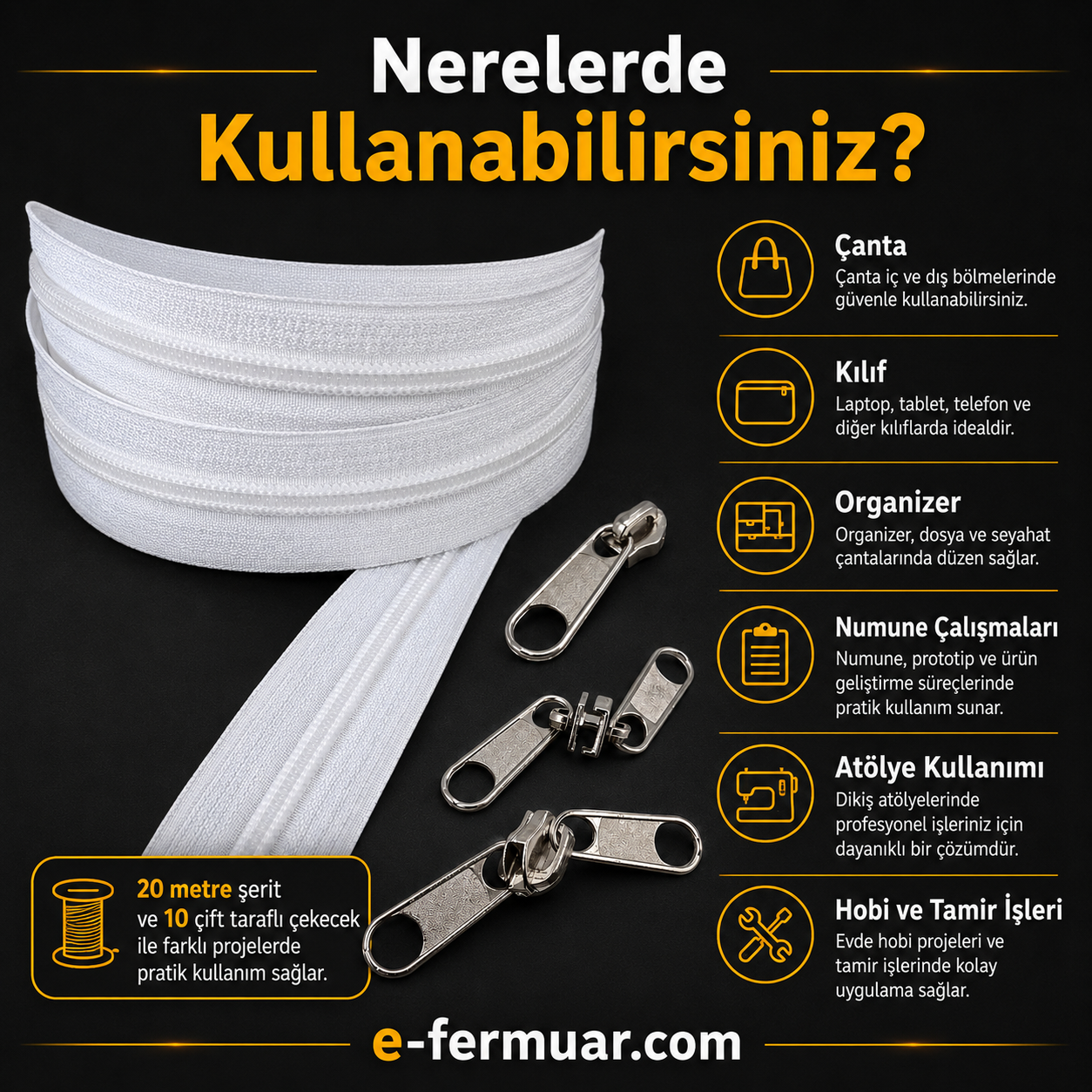 Çeşitli projeler için ideal T10 Naylon Şerit Fermuar Seti, 20 metre uzunluk ve 10 çekecek içerir.