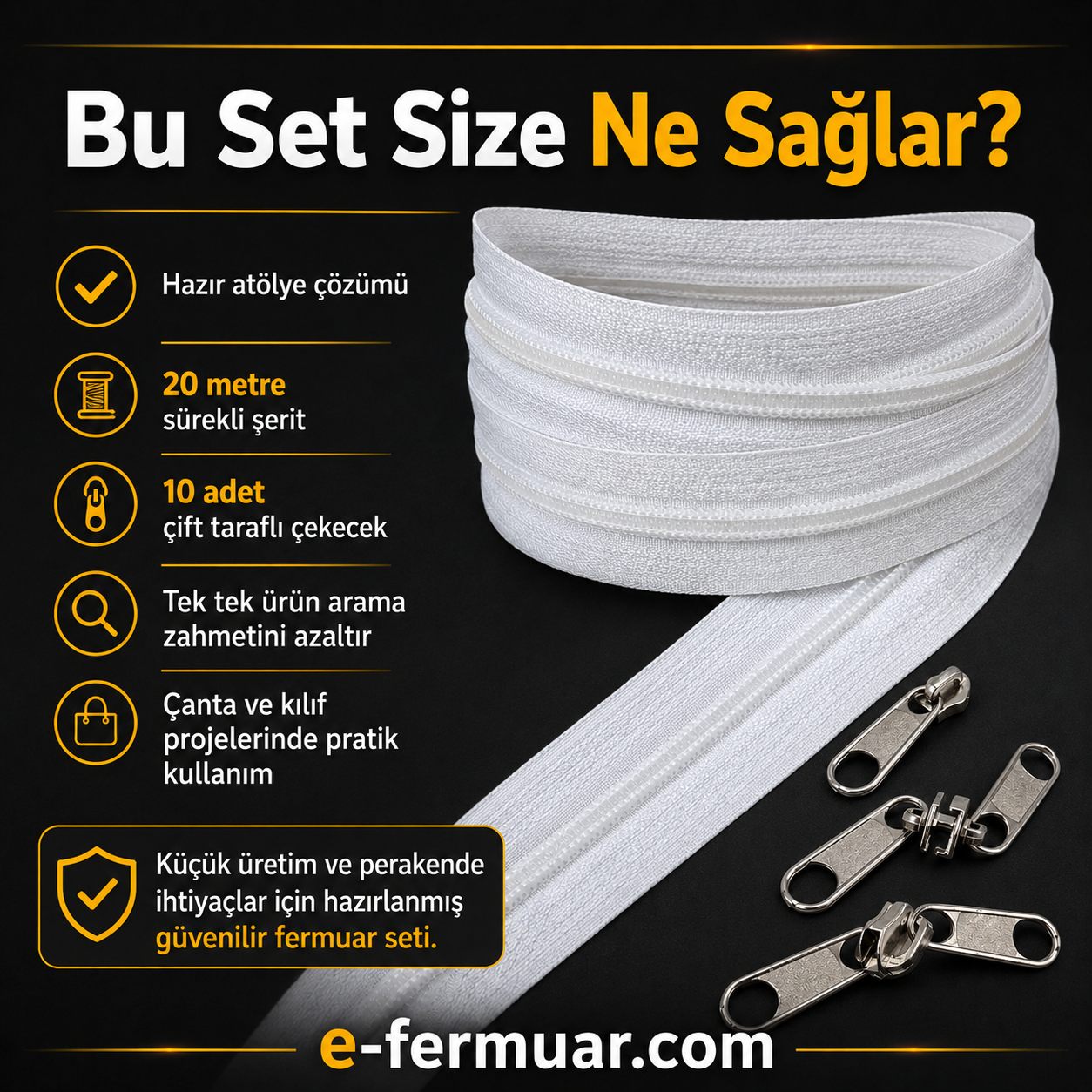 Çeşitli projeler için ideal T10 Naylon Şerit Fermuar Seti, 20 metre uzunluk ve 10 çekecek içerir.