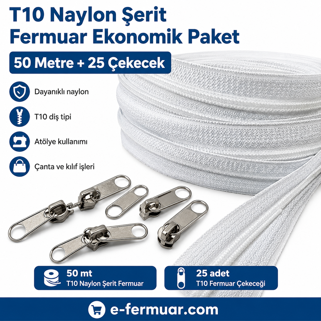 Atölyeler ve Çanta, Kılıf İçin T10 Naylon Şerit Fermuar Seti – 50 Metre + 25 Krüsör- ST-0009T10-50M25C