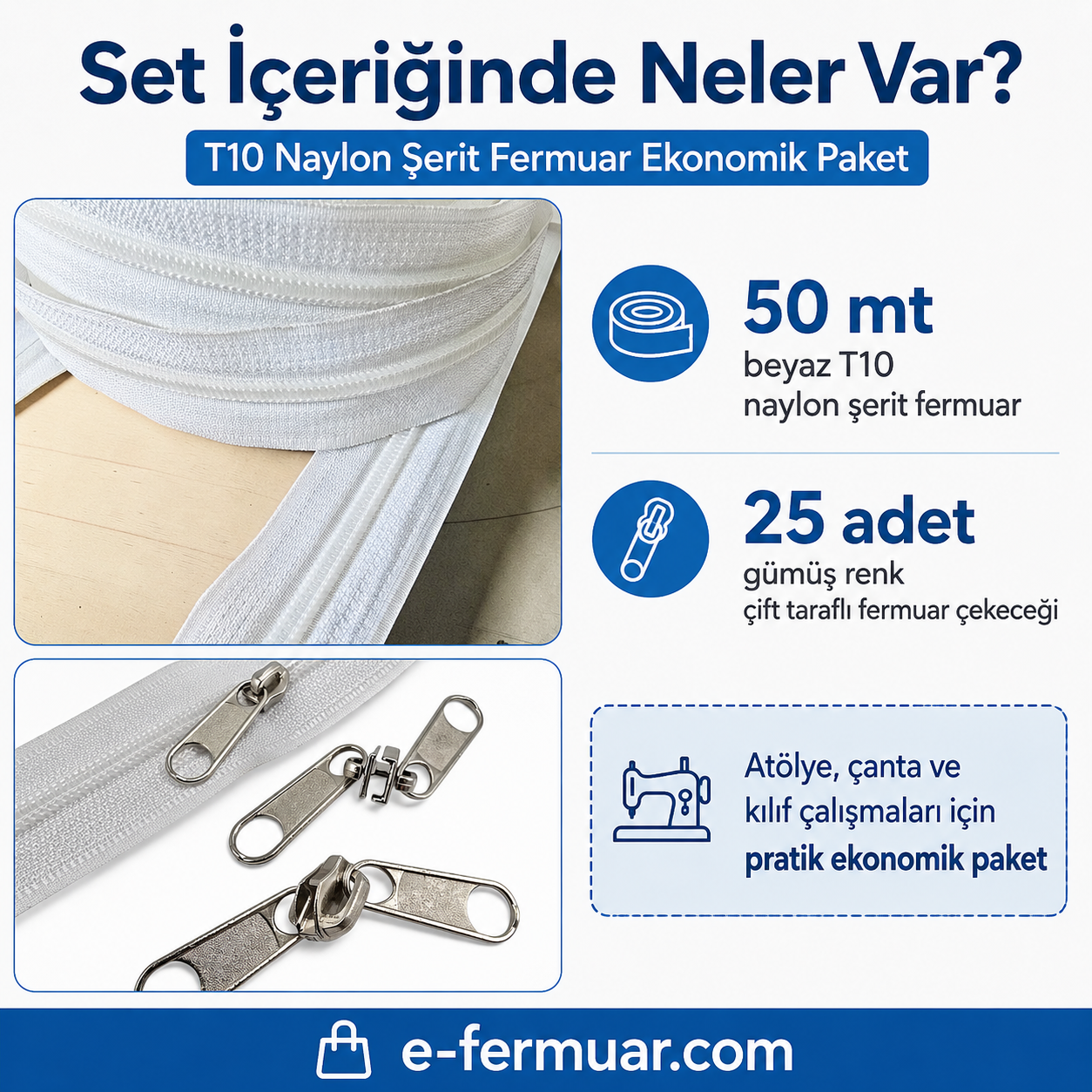 Atölyeler ve Çanta, Kılıf İçin T10 Naylon Şerit Fermuar Seti – 50 Metre + 25 Krüsör- ST-0009T10-50M25C