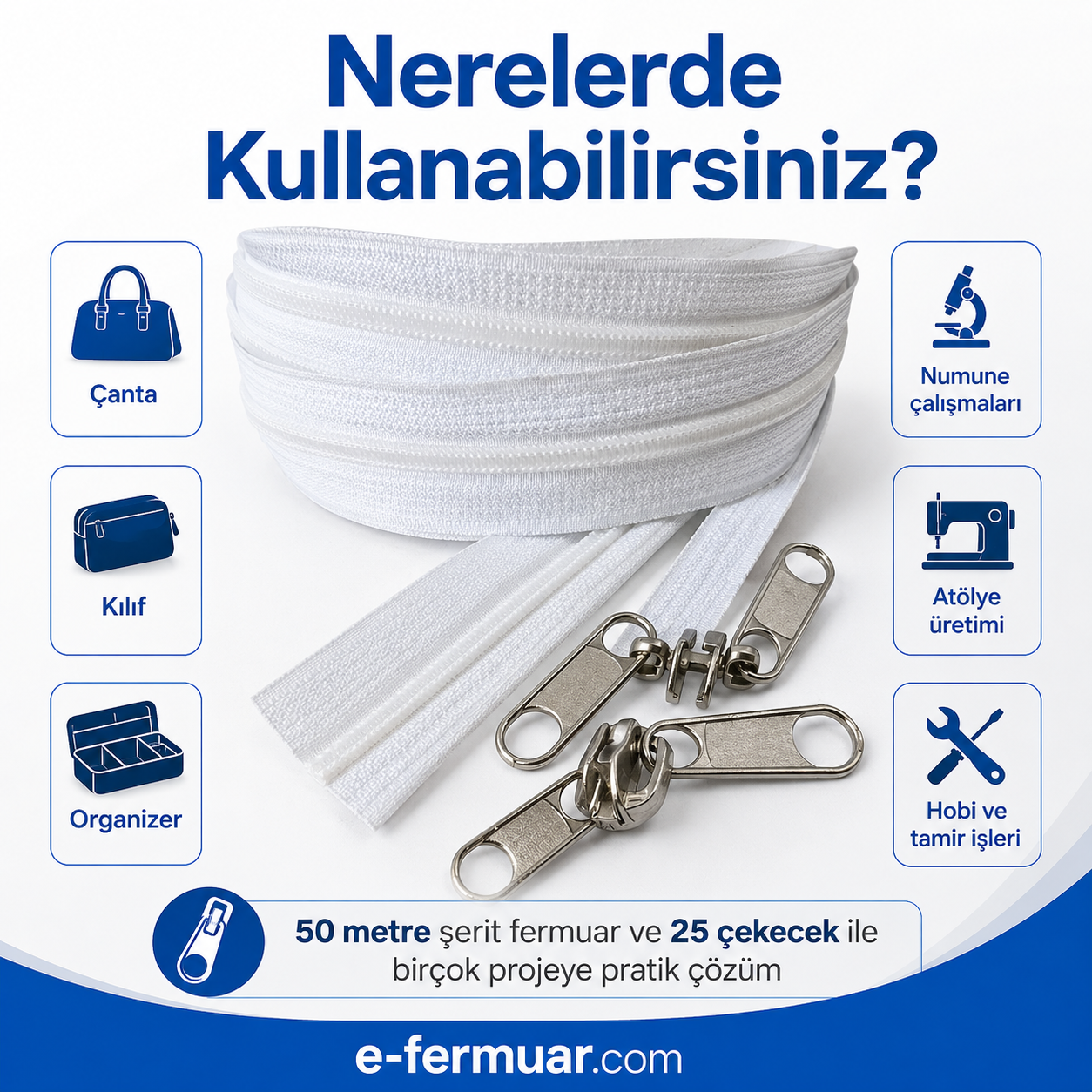 Atölyeler ve Çanta, Kılıf İçin T10 Naylon Şerit Fermuar Seti – 50 Metre + 25 Krüsör- ST-0009T10-50M25C