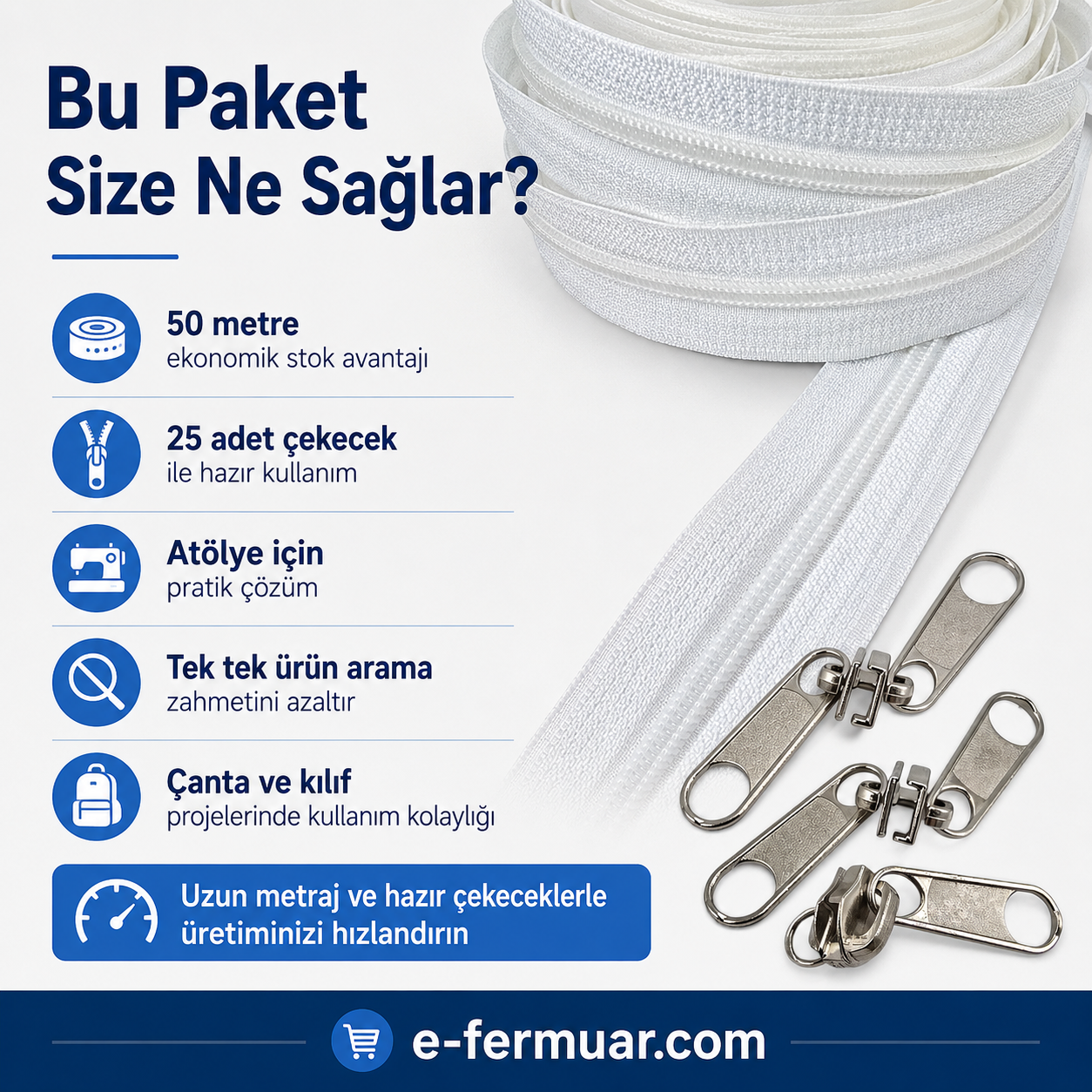 Atölyeler ve Çanta, Kılıf İçin T10 Naylon Şerit Fermuar Seti – 50 Metre + 25 Krüsör- ST-0009T10-50M25C