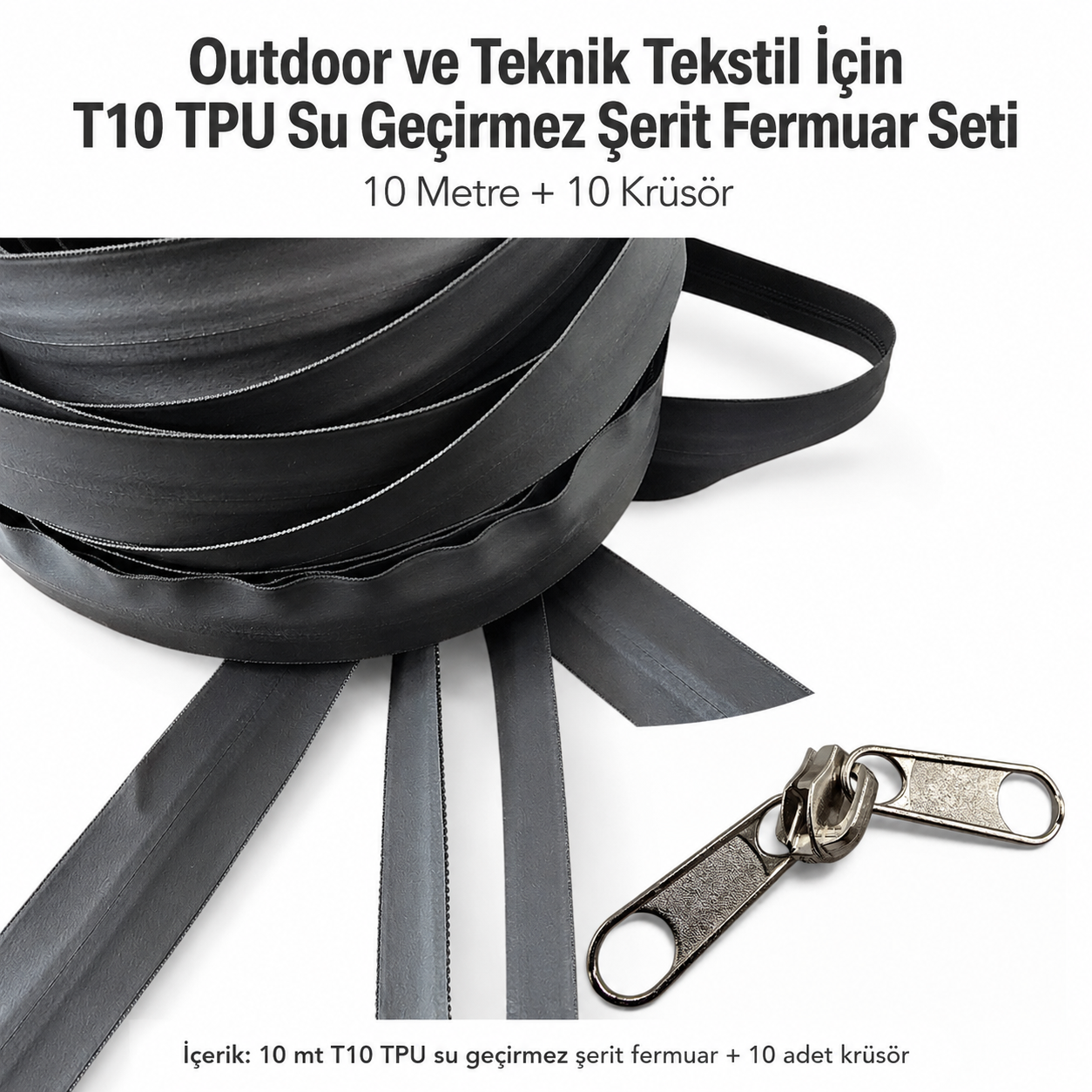 Teknik Tekstil ve Outdoor İçin T10 TPU Su Geçirmez Şerit Fermuar Seti – 10 Metre + 10 krüsör- ST-0010