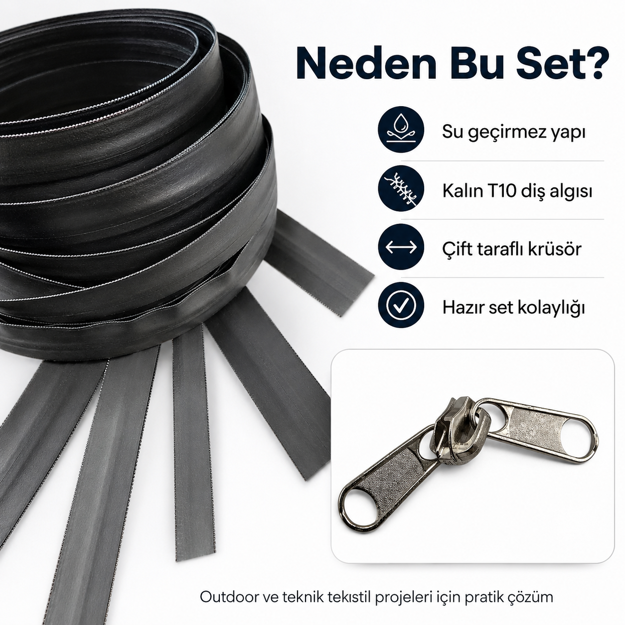 Teknik Tekstil ve Outdoor İçin T10 TPU Su Geçirmez Şerit Fermuar Seti – 10 Metre + 10 krüsör- ST-0010