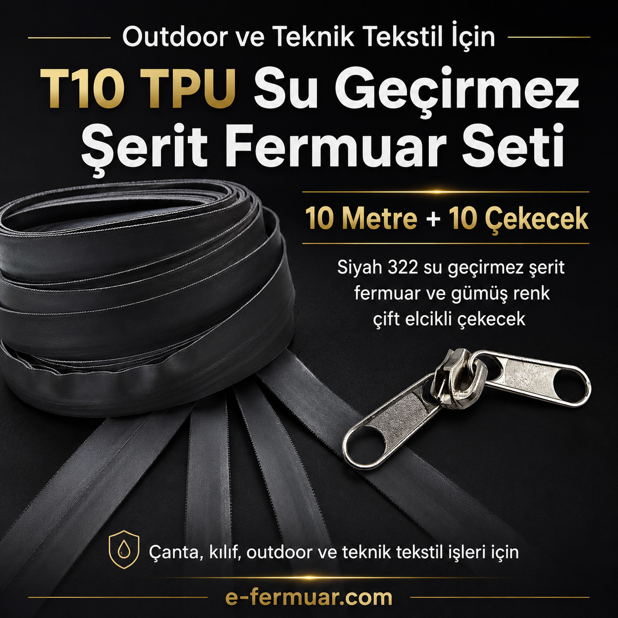 Outdoor ve teknik tekstiller için ideal T10 TPU su geçirmez fermuar seti, 10m uzunlukta.