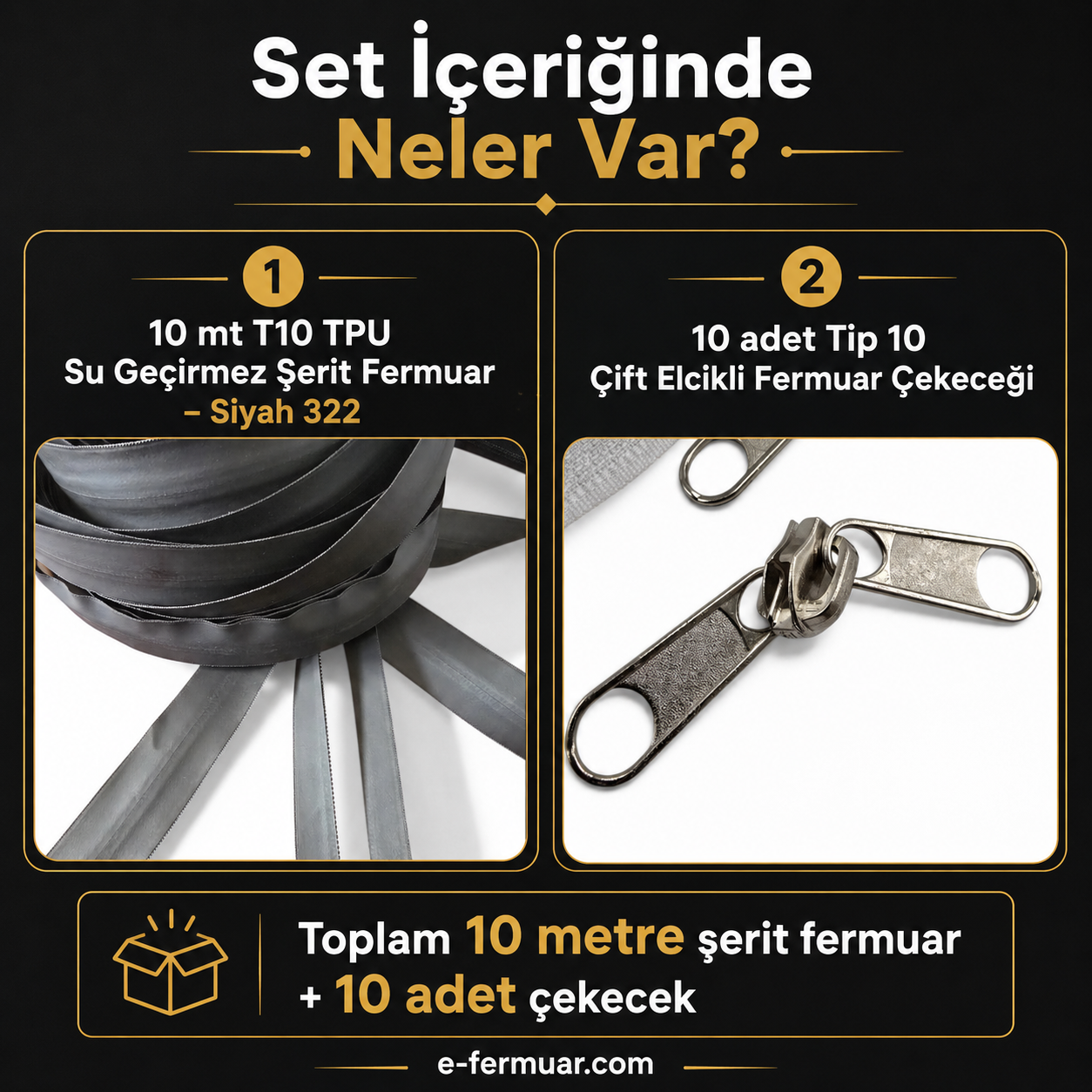 Outdoor ve teknik tekstiller için ideal T10 TPU su geçirmez fermuar seti, 10m uzunlukta.