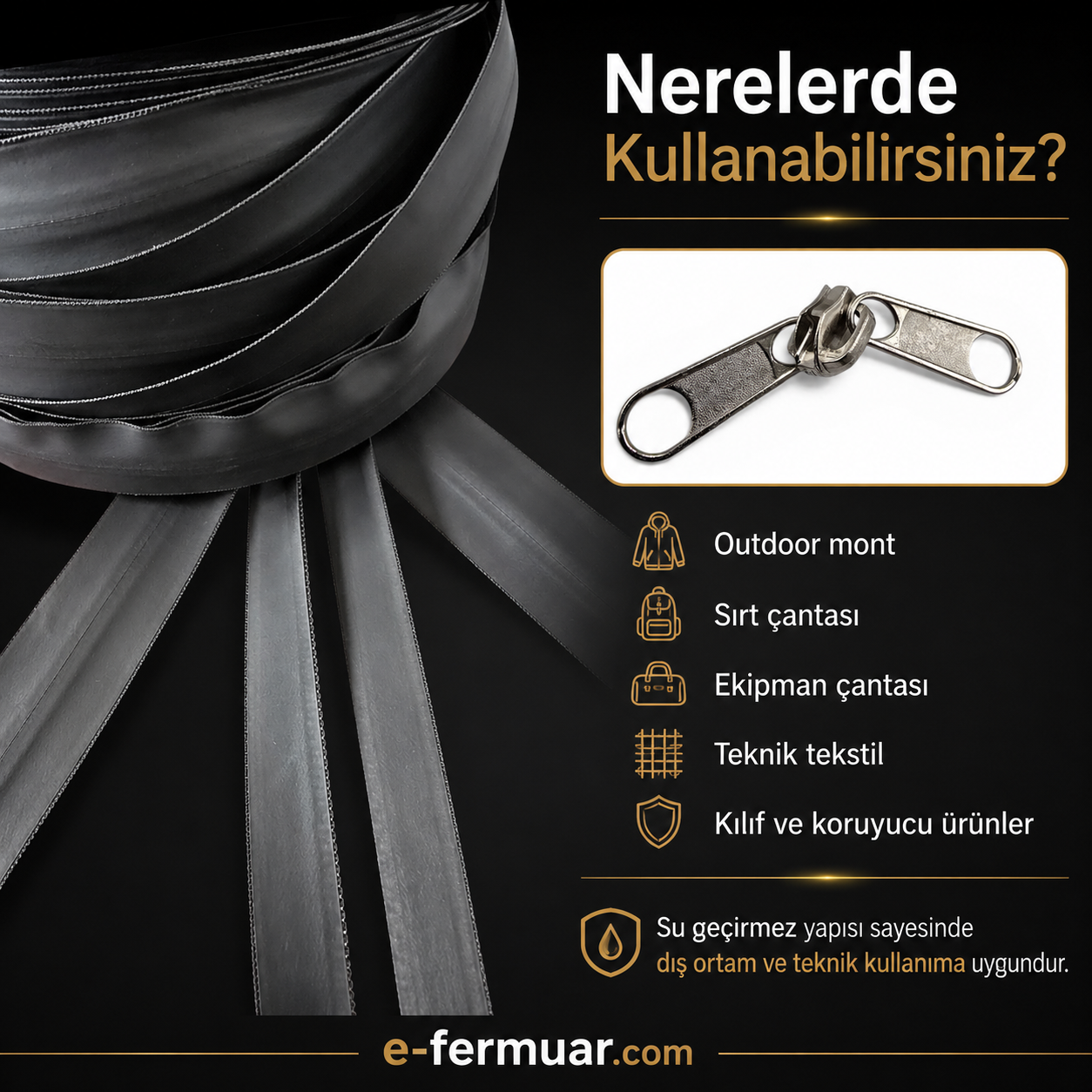 Outdoor ve teknik tekstiller için ideal T10 TPU su geçirmez fermuar seti, 10m uzunlukta.