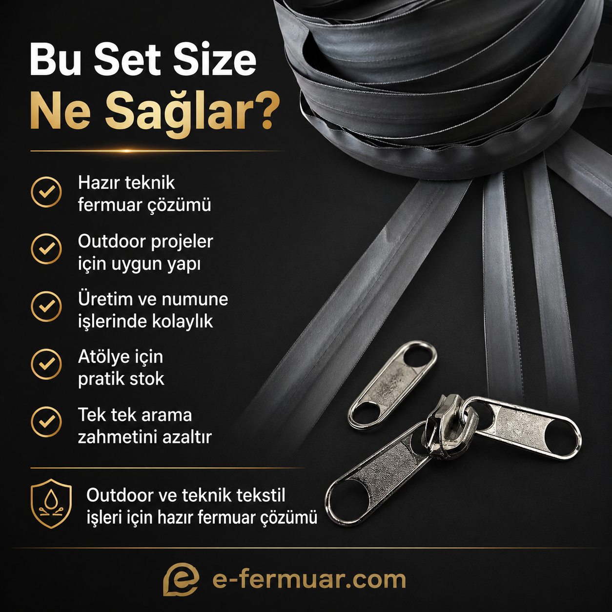 Outdoor ve teknik tekstiller için ideal T10 TPU su geçirmez fermuar seti, 10m uzunlukta.