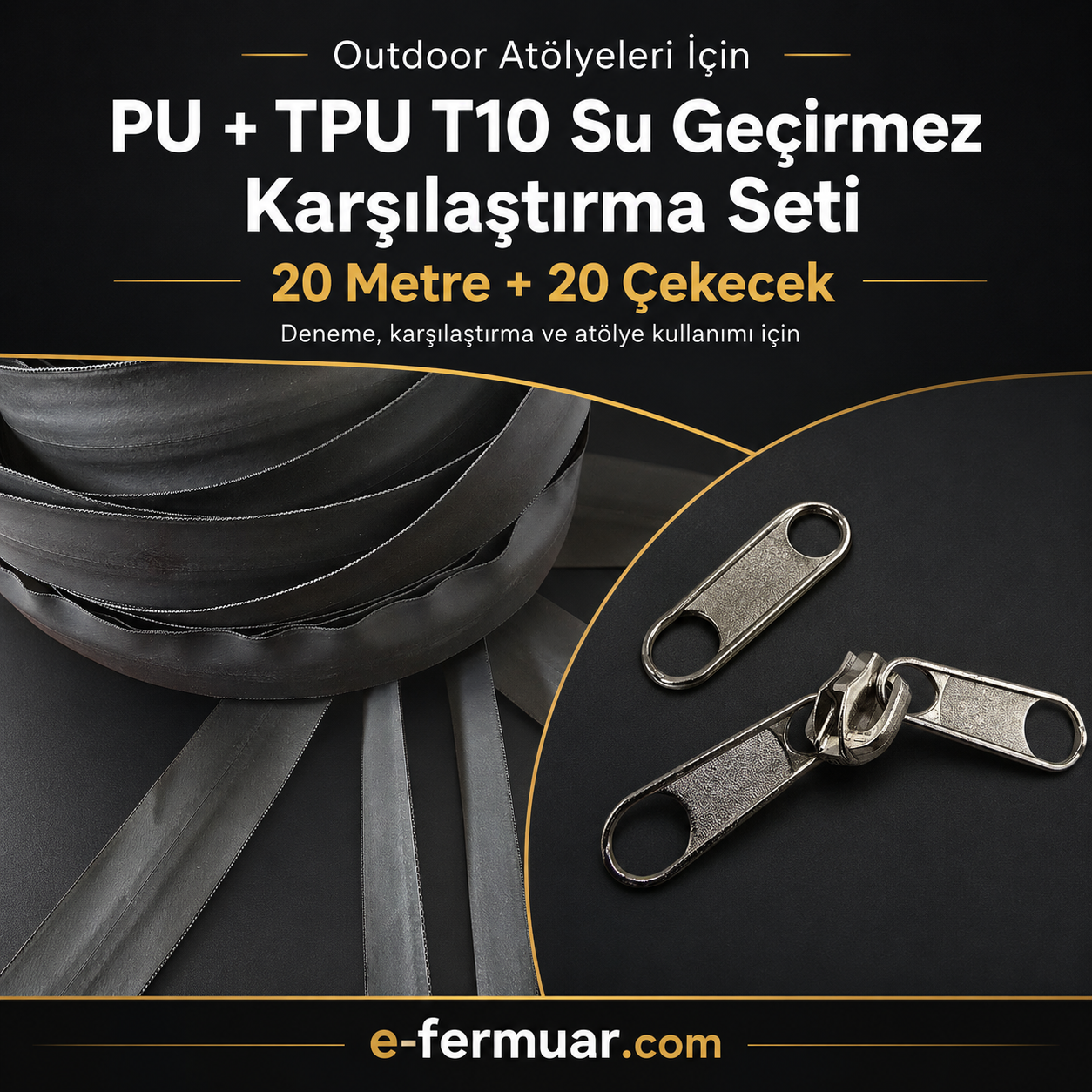 Outdoor atölyeler için ideal, 20 metre uzunluğunda su geçirmez fermuar seti.