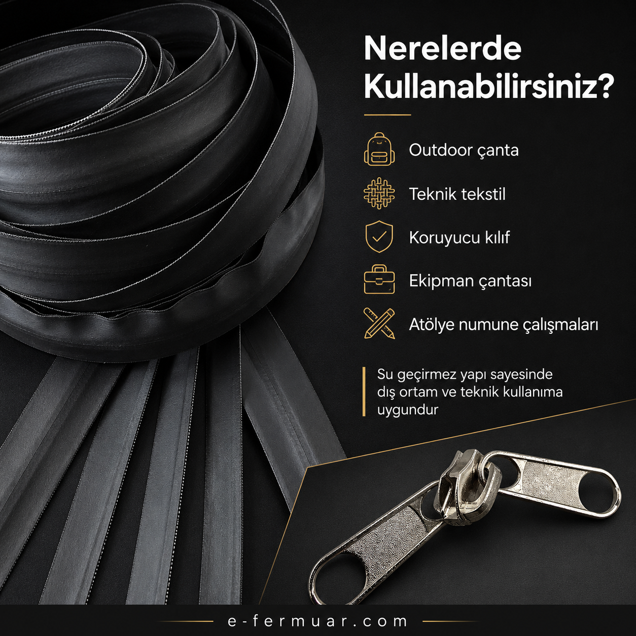 Outdoor atölyeler için ideal, 20 metre uzunluğunda su geçirmez fermuar seti.