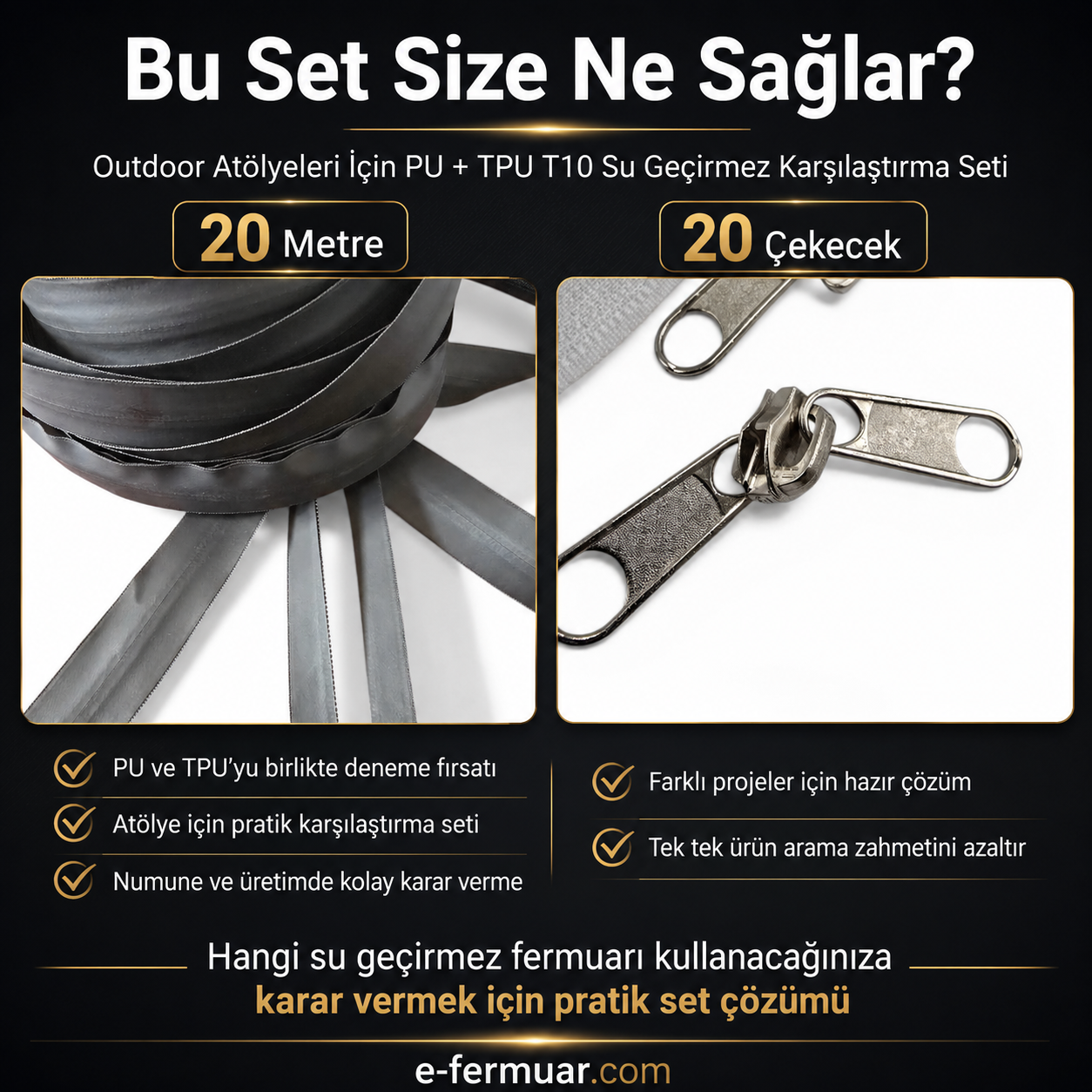 Outdoor atölyeler için ideal, 20 metre uzunluğunda su geçirmez fermuar seti.