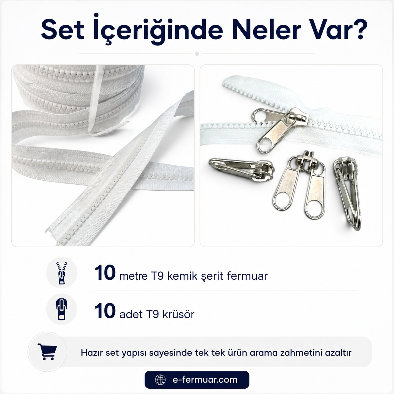 Çadır Atölyeleri ve Branda İçin T9 Kemik Şerit Fermuar Seti – 10 Metre + 10 Krüsör - ST-0012