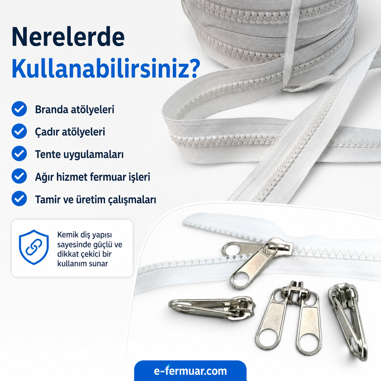 Çadır Atölyeleri ve Branda İçin T9 Kemik Şerit Fermuar Seti – 10 Metre + 10 Krüsör - ST-0012