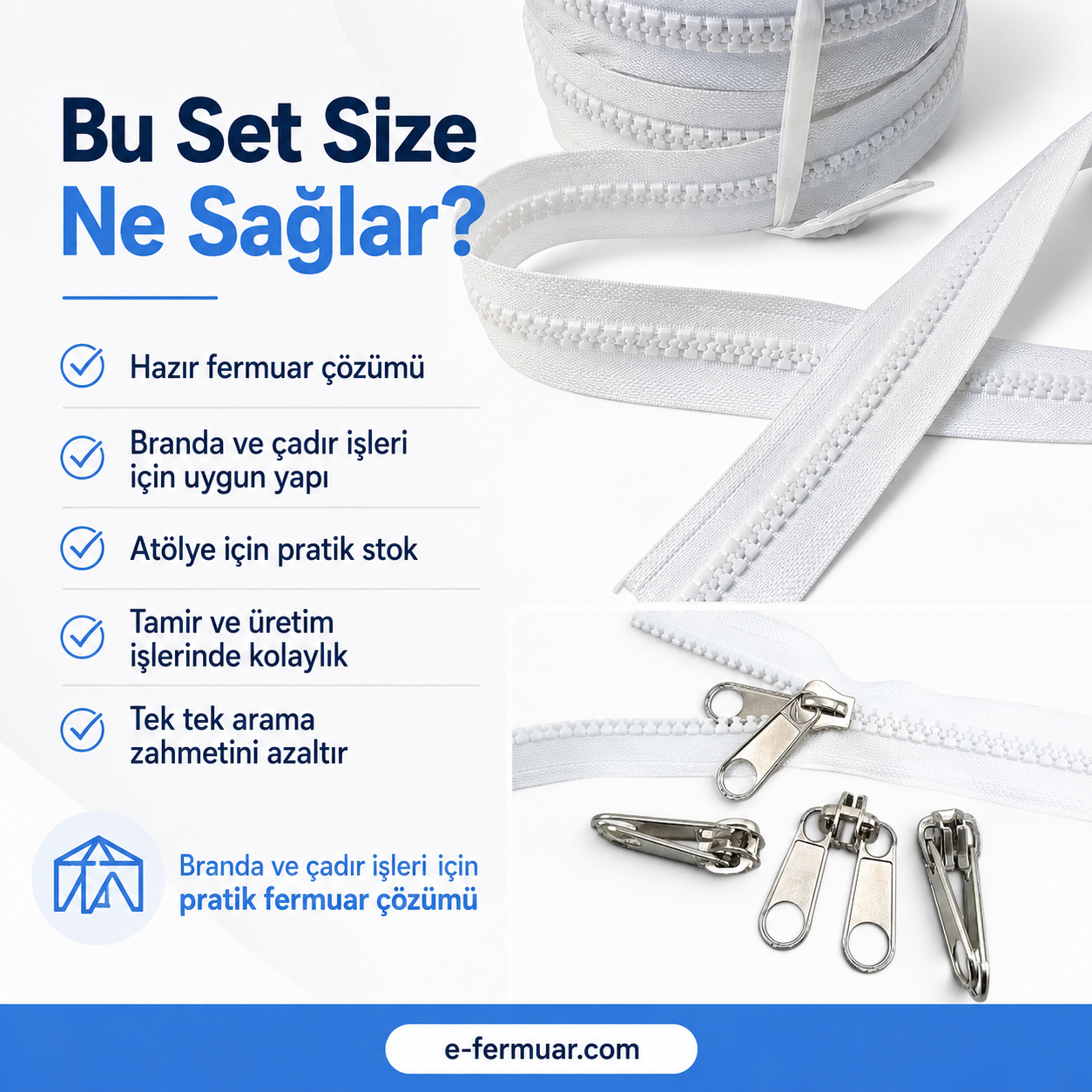 Çadır Atölyeleri ve Branda İçin T9 Kemik Şerit Fermuar Seti – 10 Metre + 10 Krüsör - ST-0012