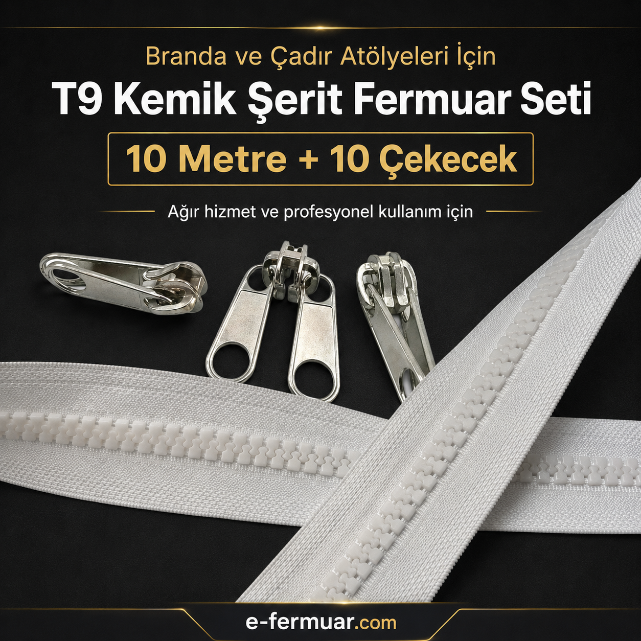 10 metre uzunluğundaki T9 Kemik Şerit Fermuar Seti, branda ve çadır atölyeleri için ideal.