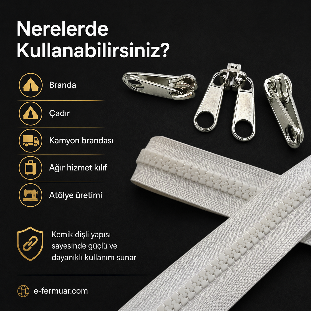 10 metre uzunluğundaki T9 Kemik Şerit Fermuar Seti, branda ve çadır atölyeleri için ideal.