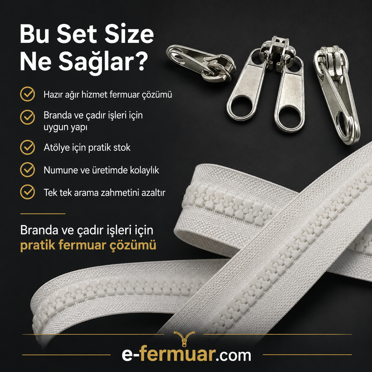 10 metre uzunluğundaki T9 Kemik Şerit Fermuar Seti, branda ve çadır atölyeleri için ideal.
