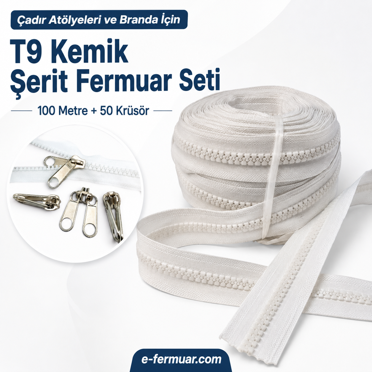 100 metre uzunluğunda T9 kemik şerit fermuar ve 50 krüsör içeren set, profesyonel kullanım için ideal.