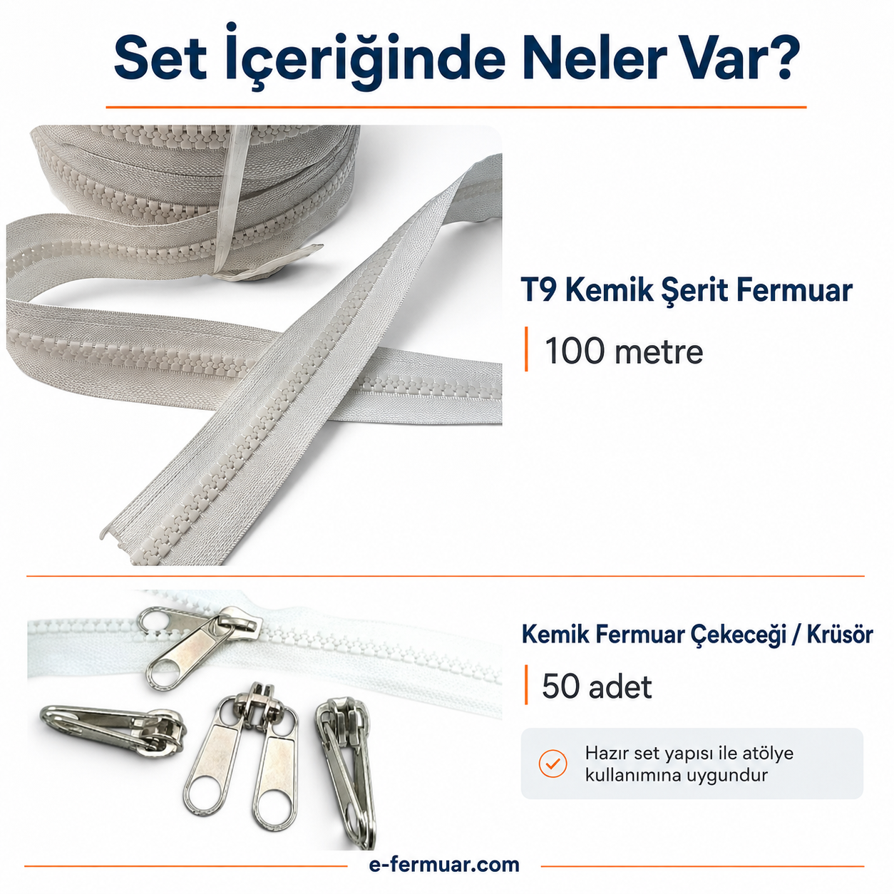 100 metre uzunluğunda T9 kemik şerit fermuar ve 50 krüsör içeren set, profesyonel kullanım için ideal.