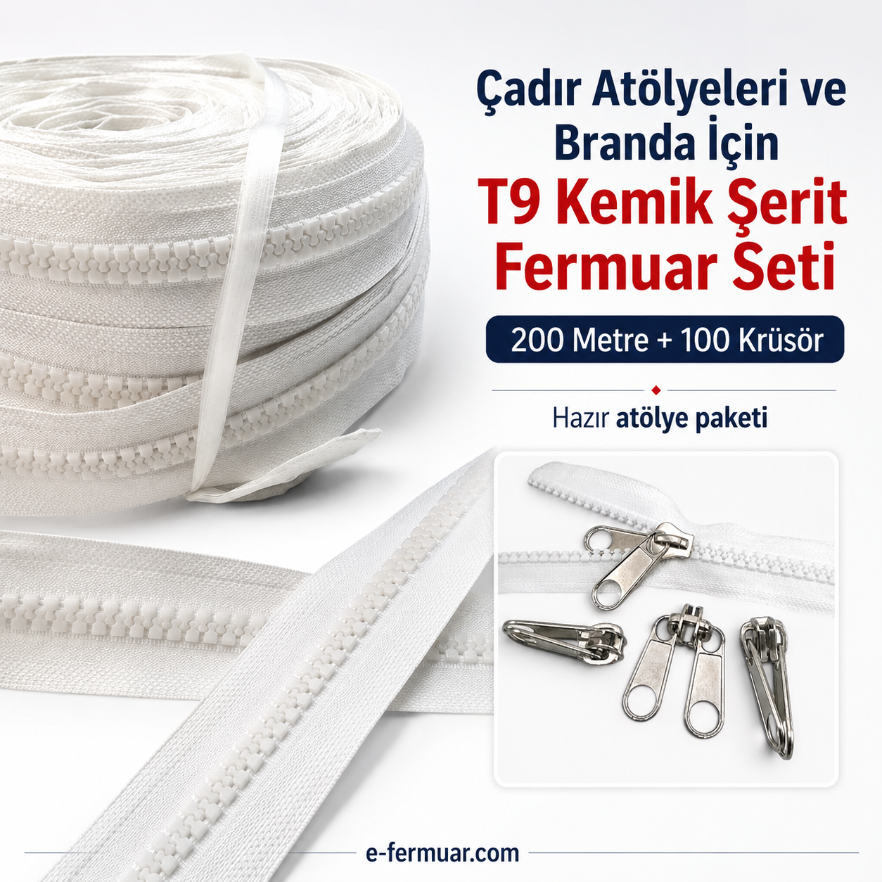 Branda ve çadır üretimi için 200m T9 kemik şerit fermuar ve 100 krüsör.