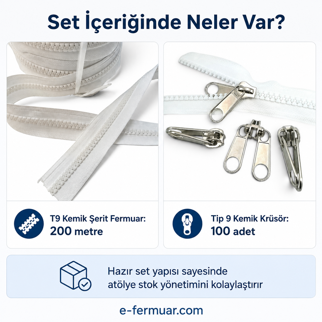 Branda ve çadır üretimi için 200m T9 kemik şerit fermuar ve 100 krüsör.