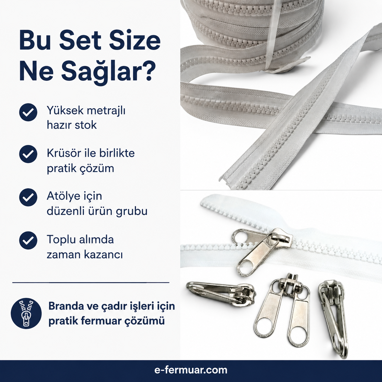 Branda ve çadır üretimi için 200m T9 kemik şerit fermuar ve 100 krüsör.