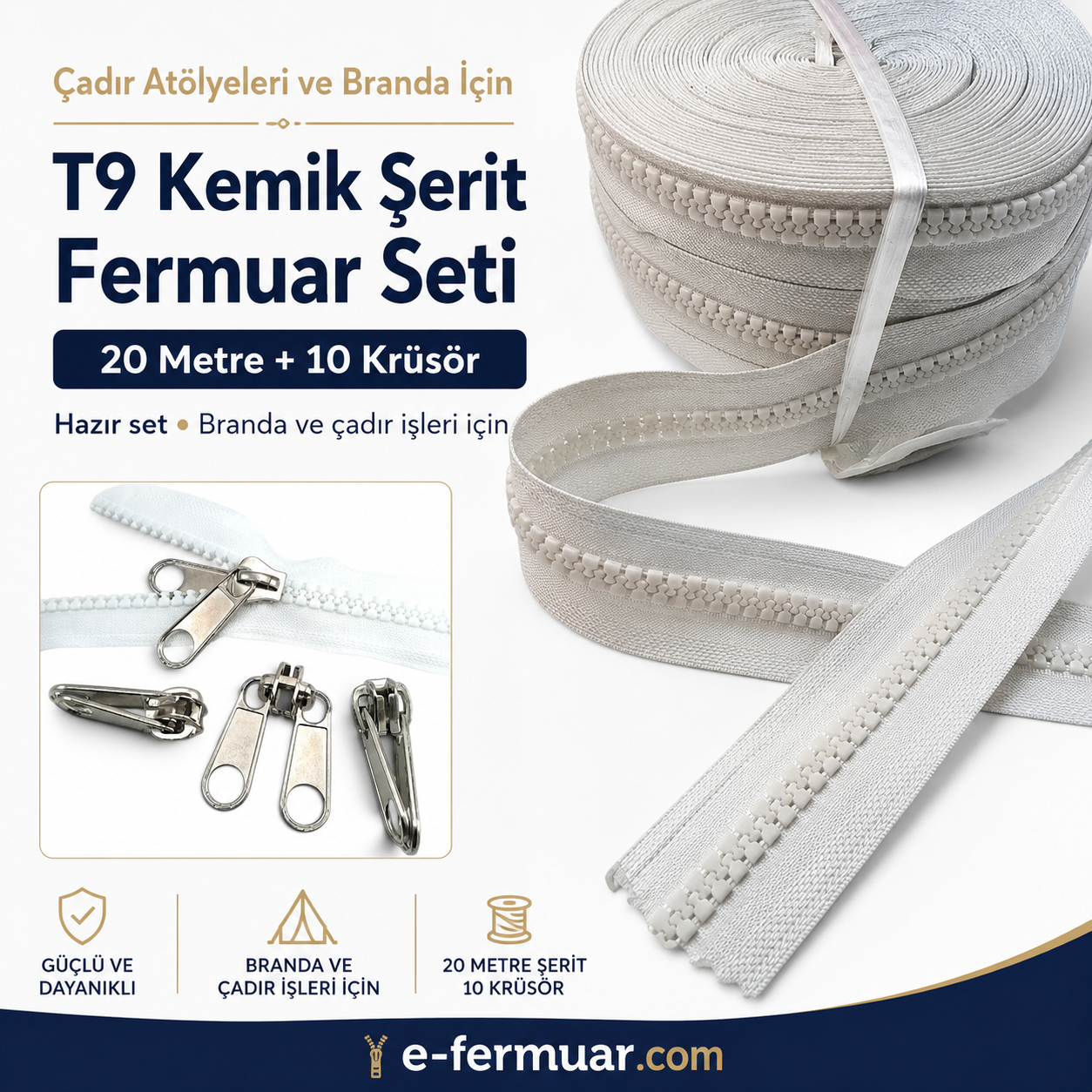 Branda ve çadır atölyelerine özel 20 metre uzunluğunda T9 kemik şerit fermuar ve 10 adet krüsör.