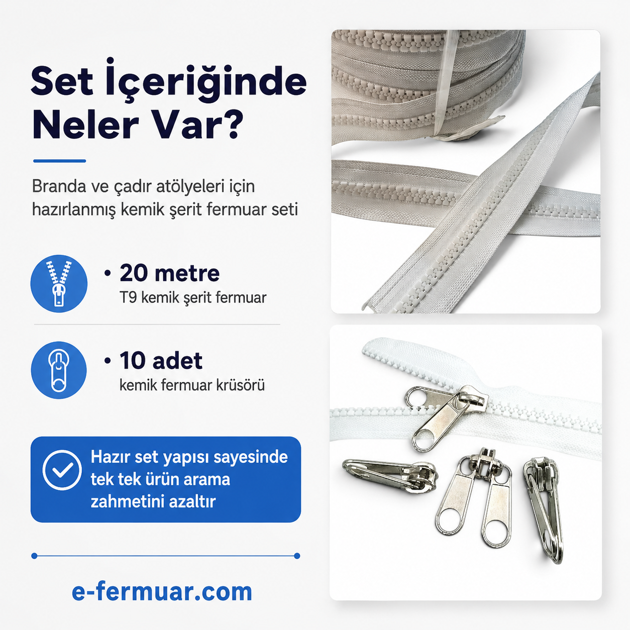 Branda ve çadır atölyelerine özel 20 metre uzunluğunda T9 kemik şerit fermuar ve 10 adet krüsör.