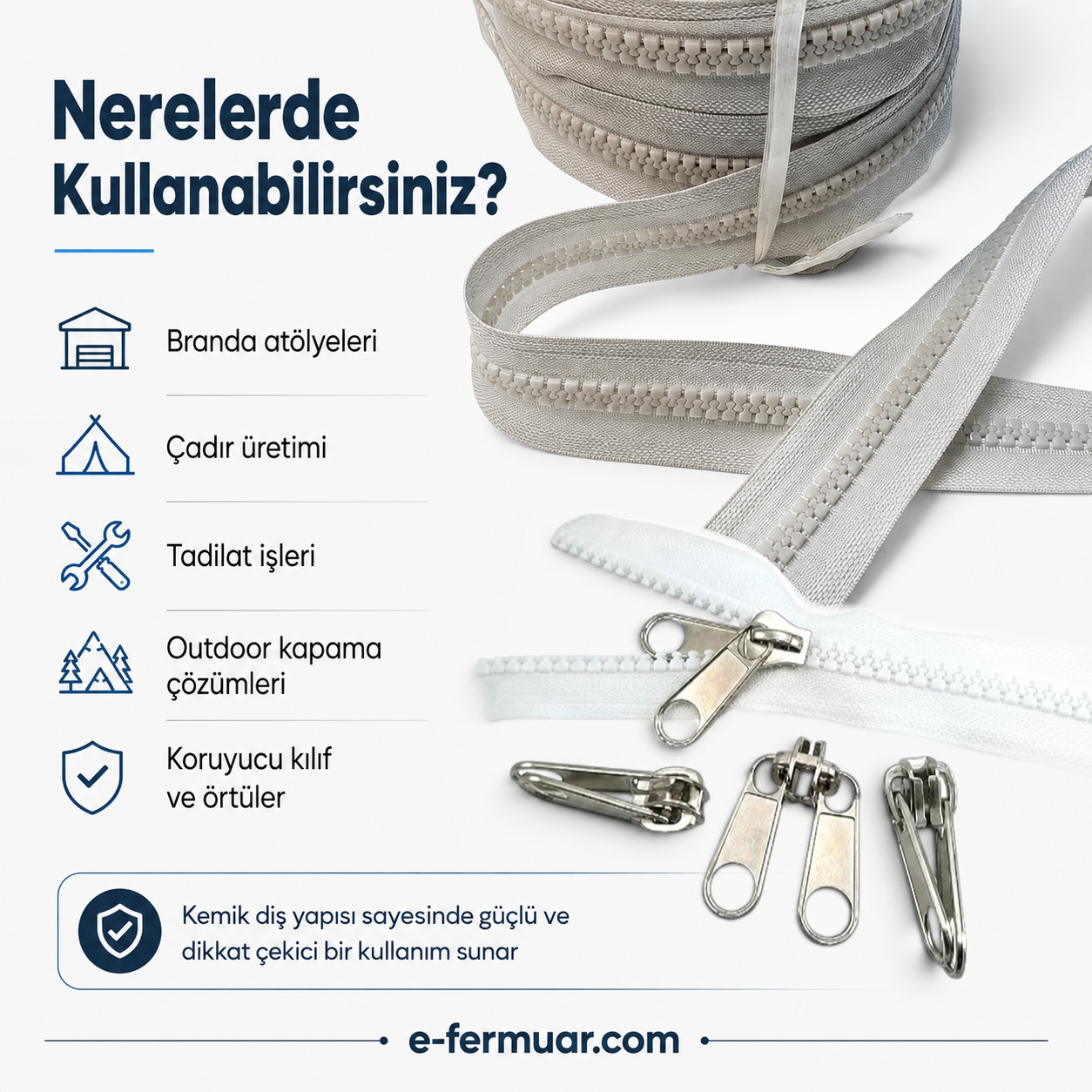 Branda ve çadır atölyelerine özel 20 metre uzunluğunda T9 kemik şerit fermuar ve 10 adet krüsör.