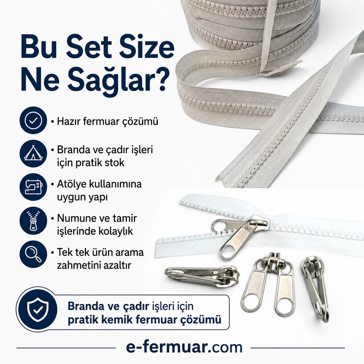 Branda ve çadır atölyelerine özel 20 metre uzunluğunda T9 kemik şerit fermuar ve 10 adet krüsör.