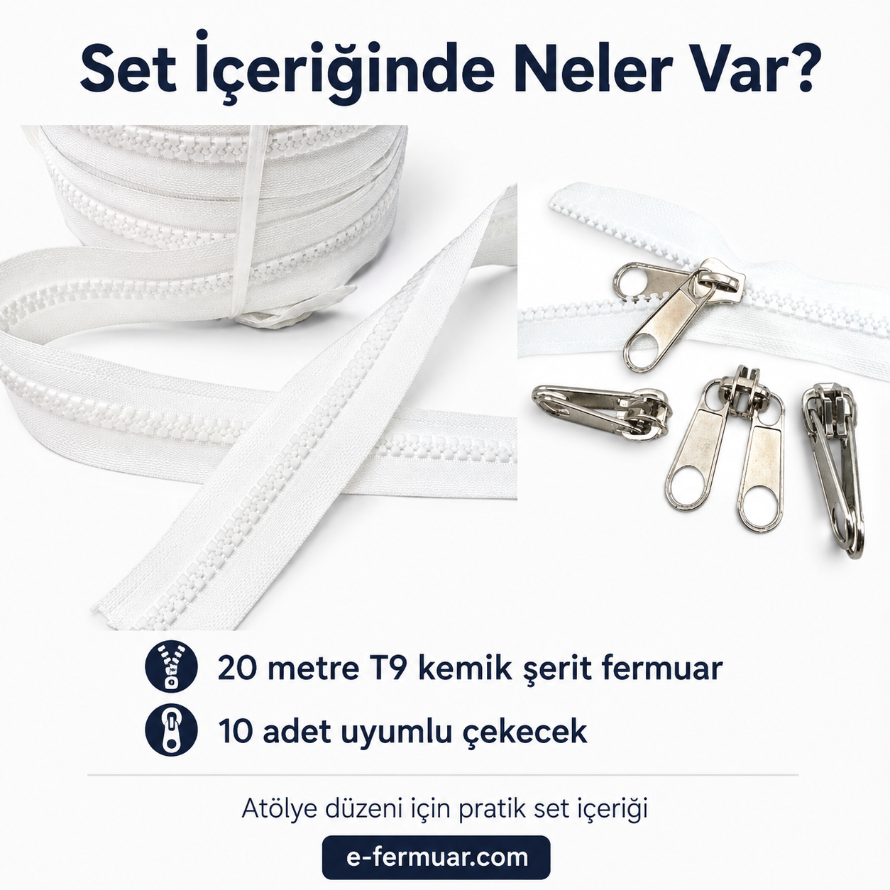 T9 tipi dayanıklı kemik şerit fermuar, 20 metre uzunluğunda ve 10 adet çekme aparatı içerir.