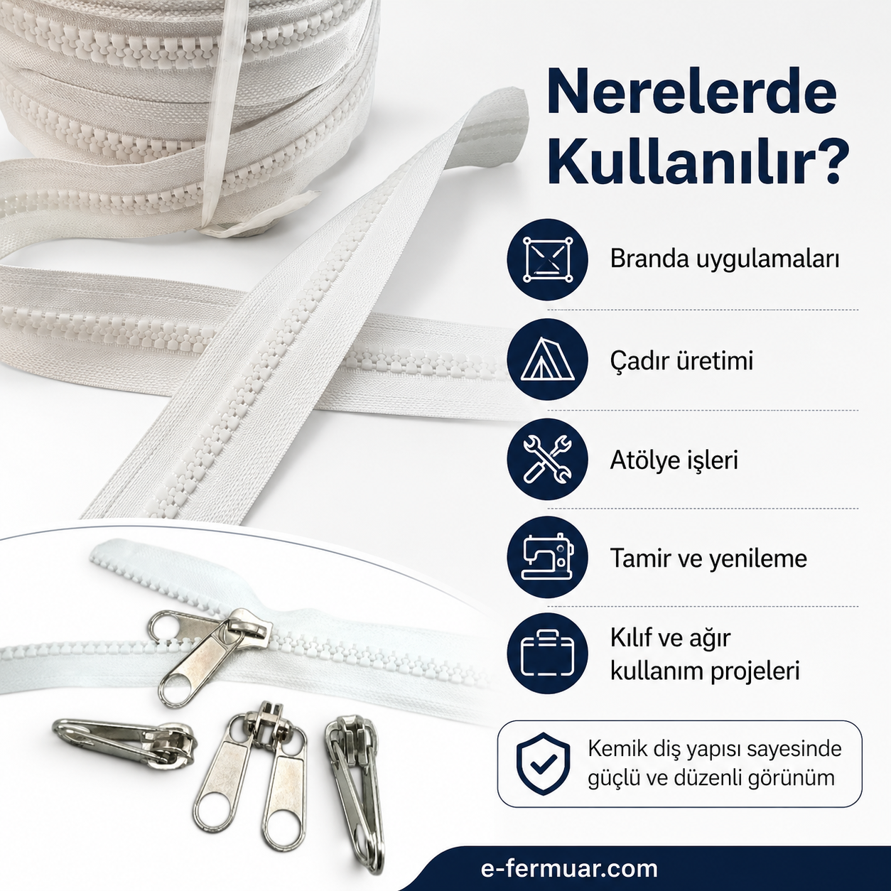 T9 tipi dayanıklı kemik şerit fermuar, 20 metre uzunluğunda ve 10 adet çekme aparatı içerir.
