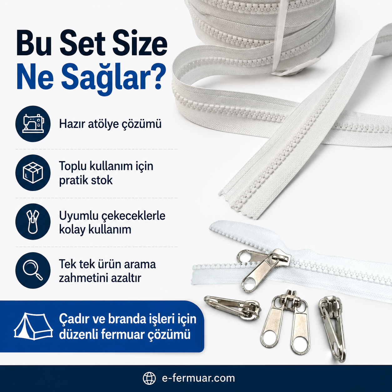 T9 tipi dayanıklı kemik şerit fermuar, 20 metre uzunluğunda ve 10 adet çekme aparatı içerir.