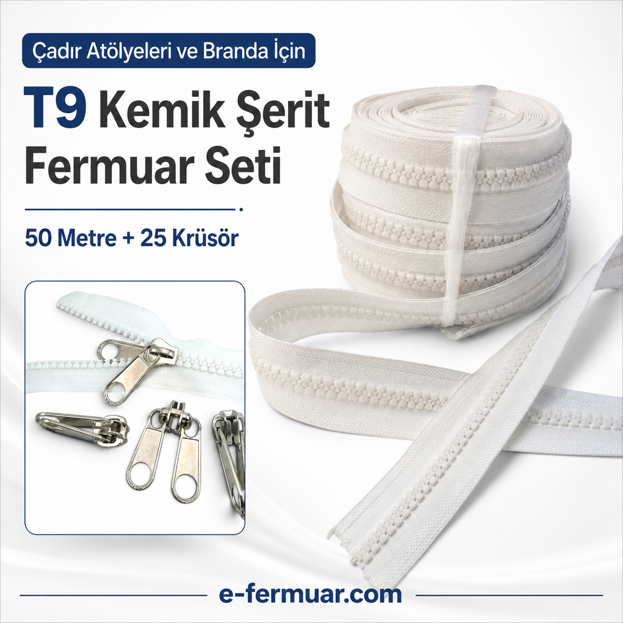 Ideal for tarp and tent construction, 50-meter-long #3 molded plastic zipper tape with 25 sliders set.
