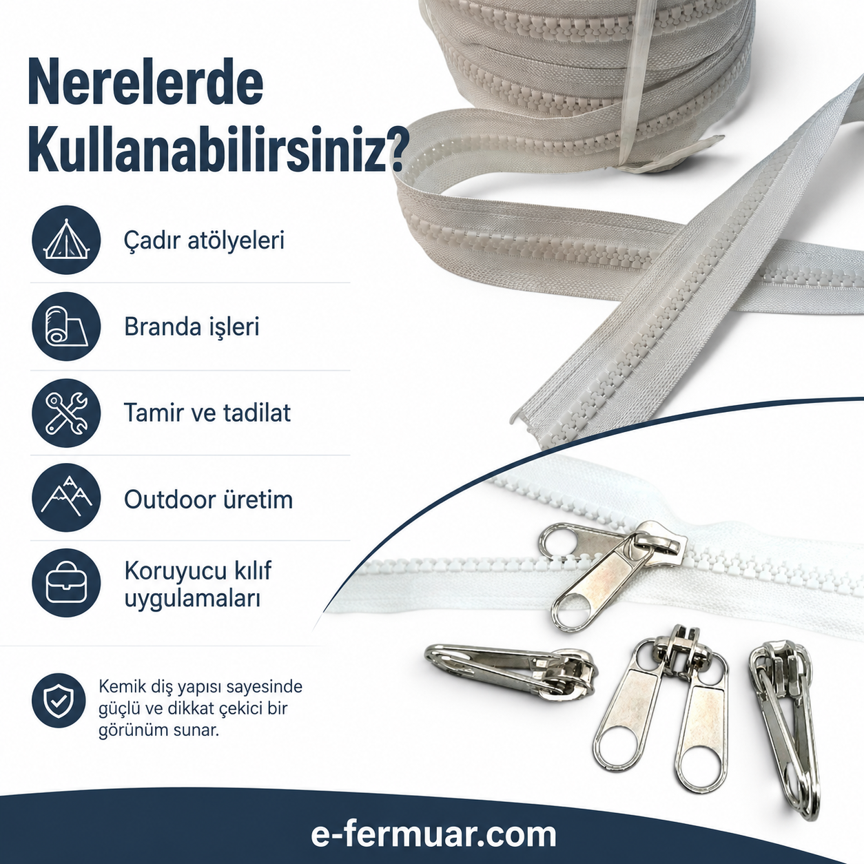 Ideal for tarp and tent construction, 50-meter-long #3 molded plastic zipper tape with 25 sliders set.
