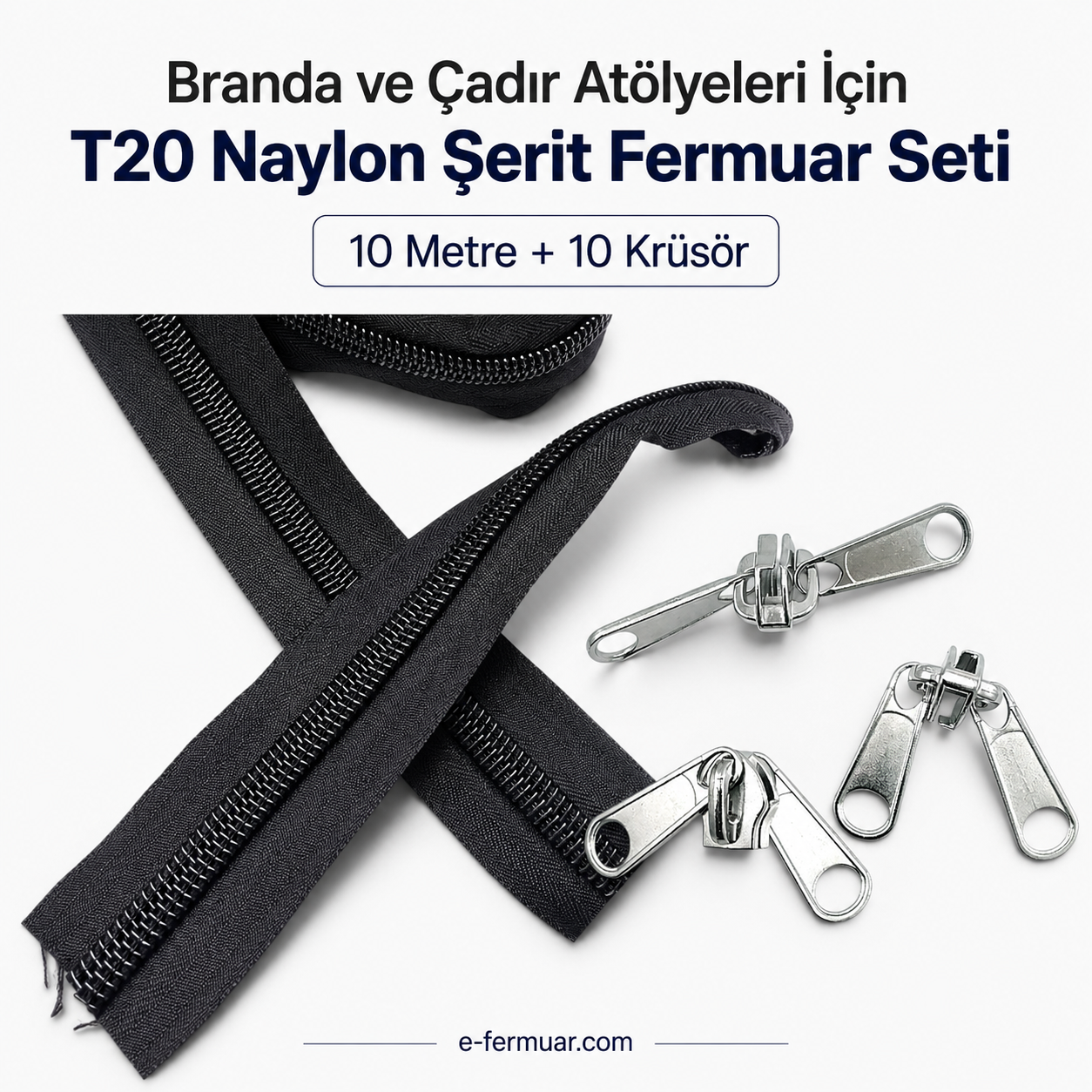 Çadır ve Branda Atölyeleri İçin Tip 20 Naylon Şerit Fermuar Seti – 10 Metre + 10 Kürsör ST-0013