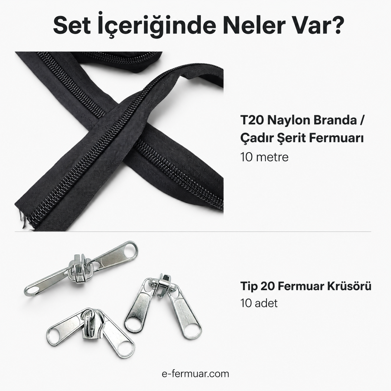 Çadır ve Branda Atölyeleri İçin Tip 20 Naylon Şerit Fermuar Seti – 10 Metre + 10 Kürsör ST-0013