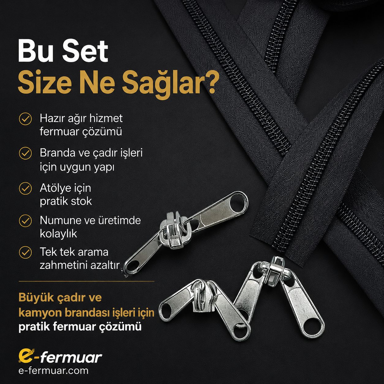 10 metre uzunluğunda dayanıklı T20 naylon fermuar ve 10 adet çekmece içerir.