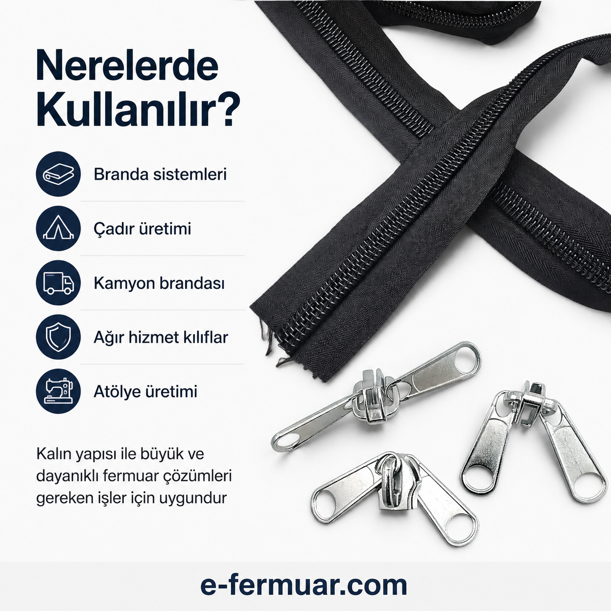 Yüksek kaliteli naylon T20 fermuar, 100m uzunlukta şerit ve 50 krüsör içerir.