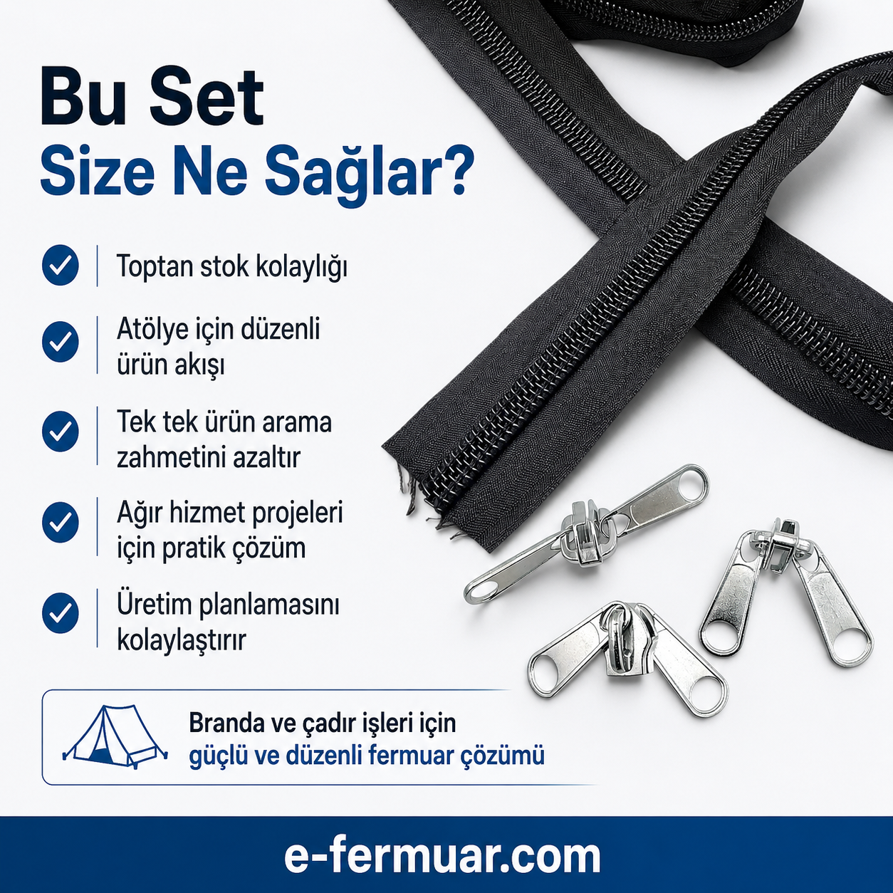 Yüksek kaliteli naylon T20 fermuar, 100m uzunlukta şerit ve 50 krüsör içerir.