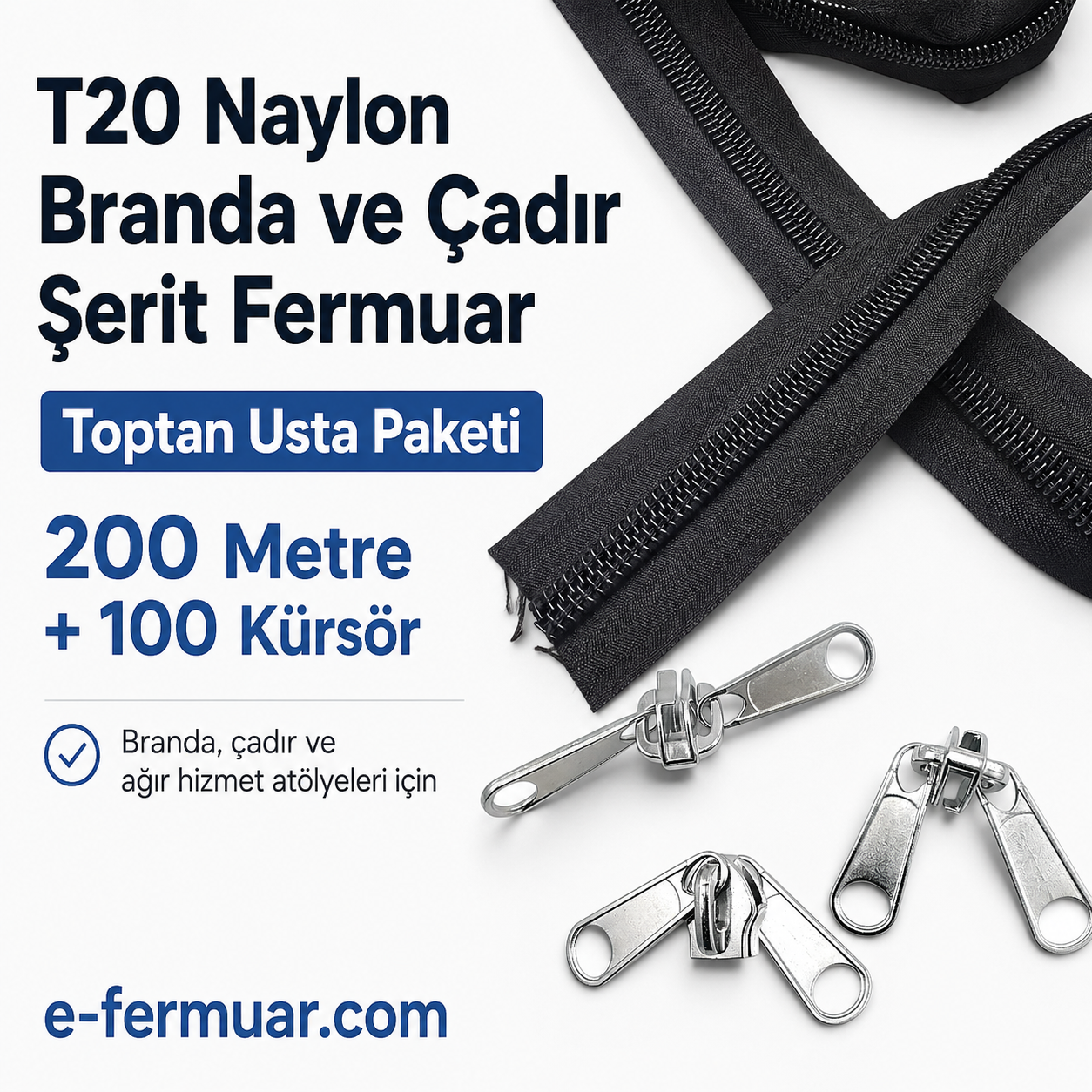 200 metre uzunluğa sahip T20 naylon şerit fermuar ve 100 adet krüsör içeren set.