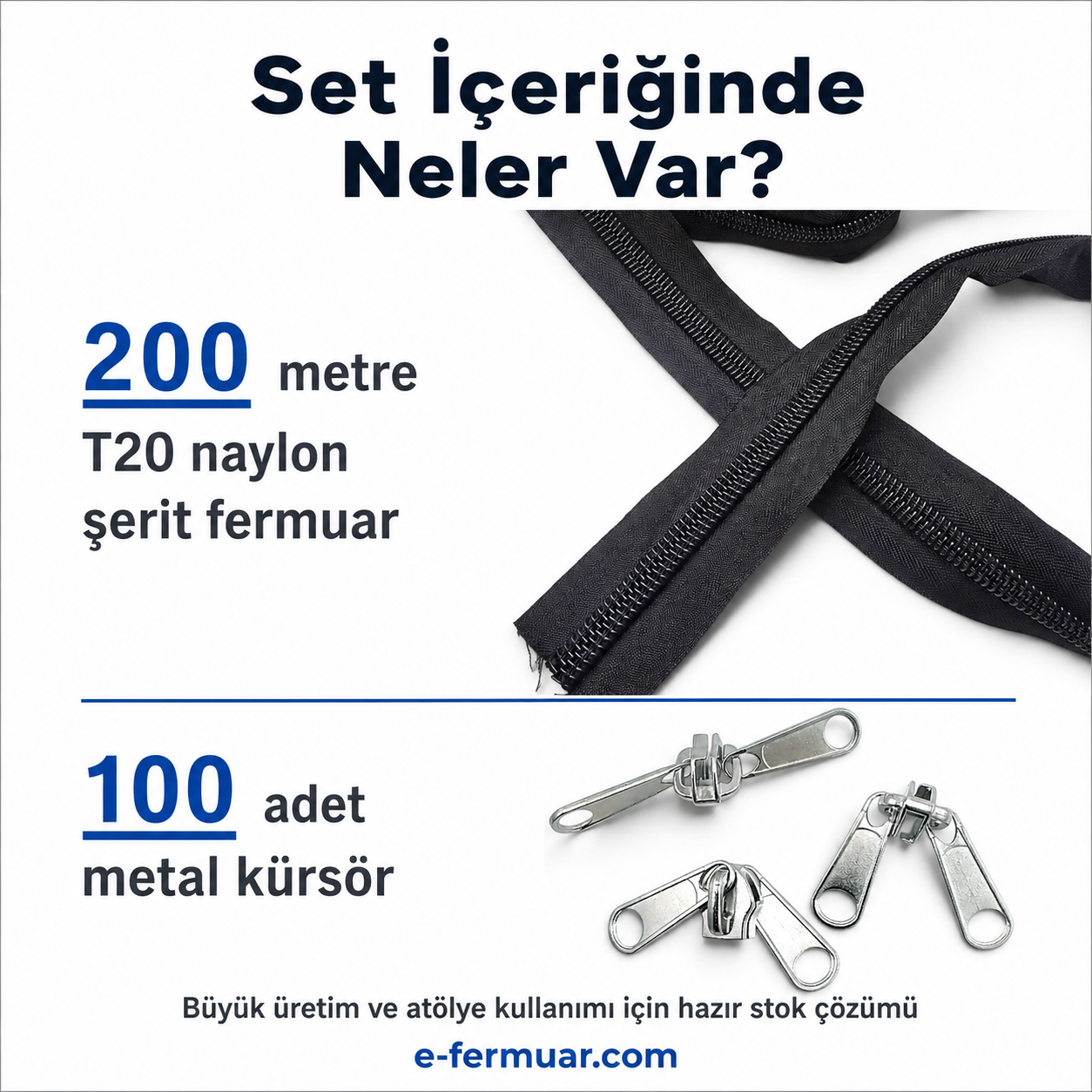 200 metre uzunluğa sahip T20 naylon şerit fermuar ve 100 adet krüsör içeren set.