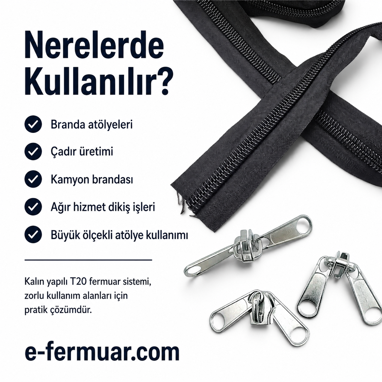 200 metre uzunluğa sahip T20 naylon şerit fermuar ve 100 adet krüsör içeren set.