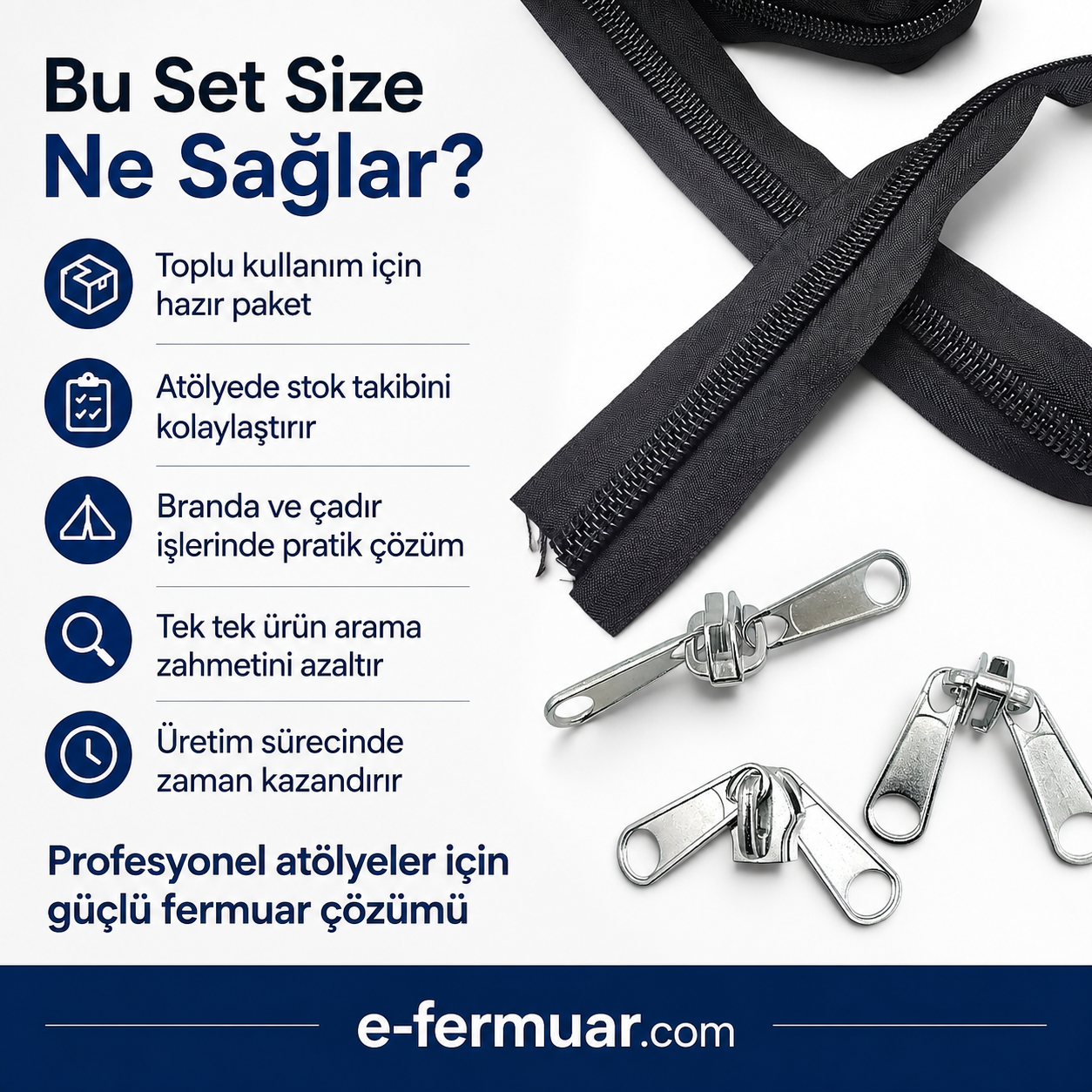 200 metre uzunluğa sahip T20 naylon şerit fermuar ve 100 adet krüsör içeren set.